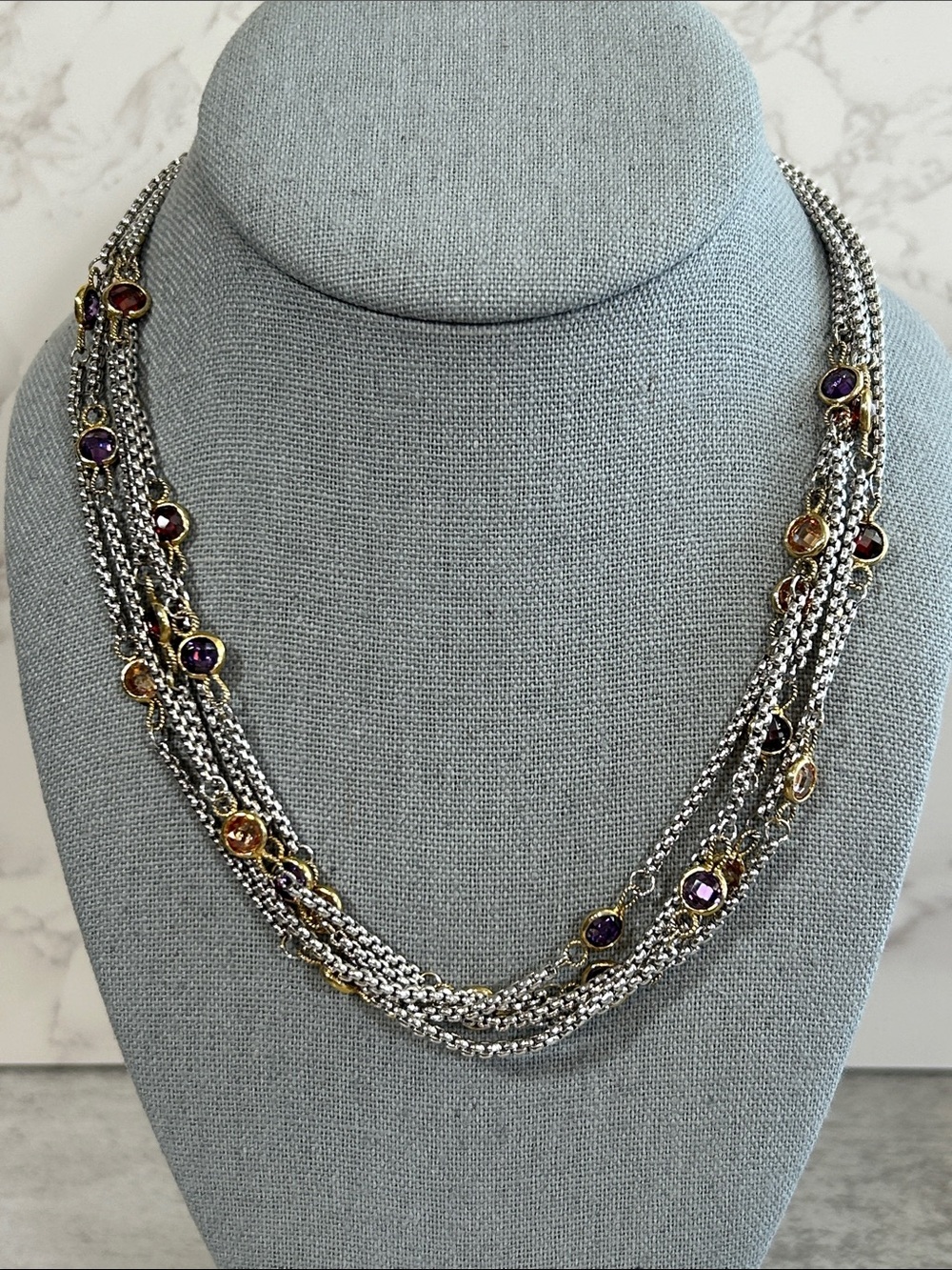 Multi-Strand Silver Necklace with Purple and Amber Crystals in Gold